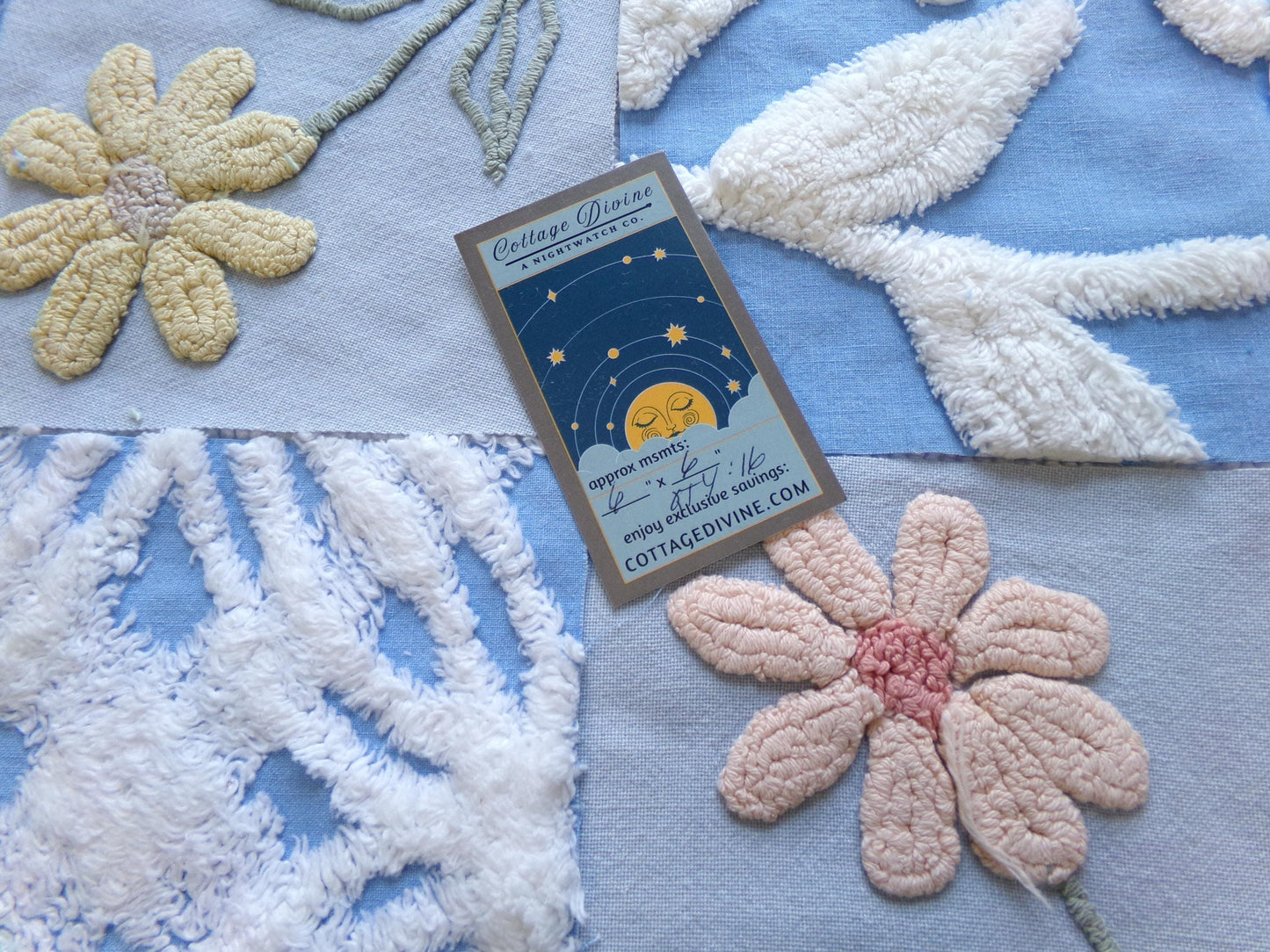 meadow skies vintage chenille fabric squares, set of 16 serene 6" quilt blocks, geometrics, daisy & lupine flowers for crafts, sewing