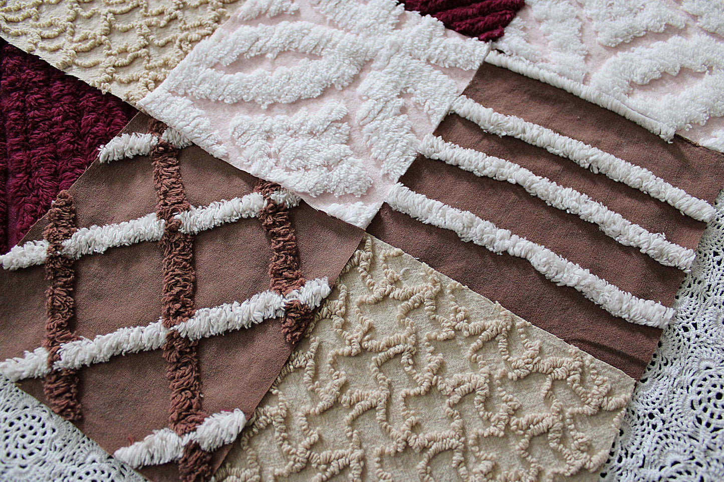 chocolate raspberry chenille fabric squares, 16 vintage quilt blocks, 6" x 6" inches ea, great shades of brown, merlot, mocha, white