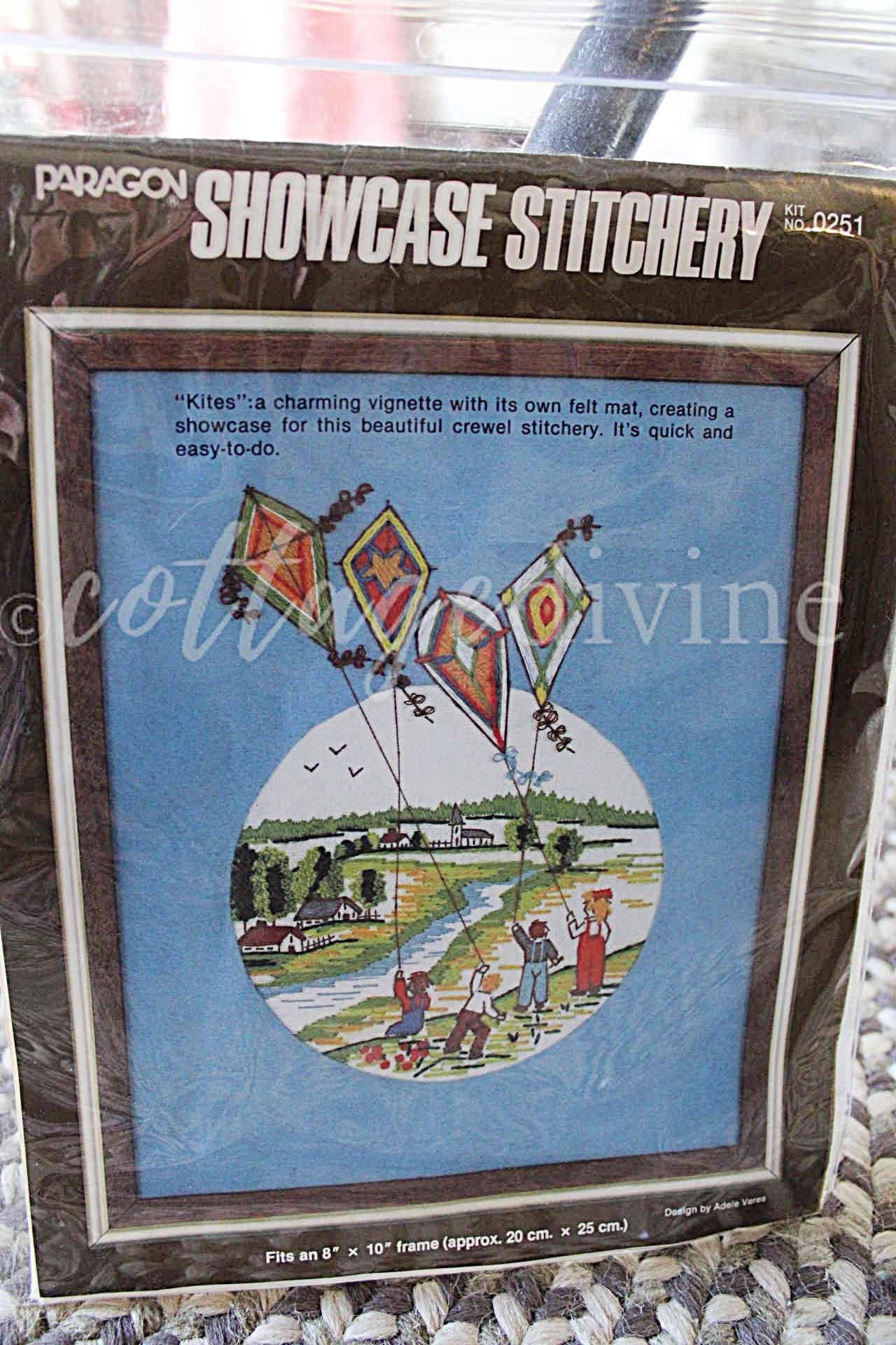 KITES Stitchery Kit Whimsical Vignette Vintage Paragon Creative Crewel Embroidery Design #0251, by Adele Veres, fits 8" x 10" frame