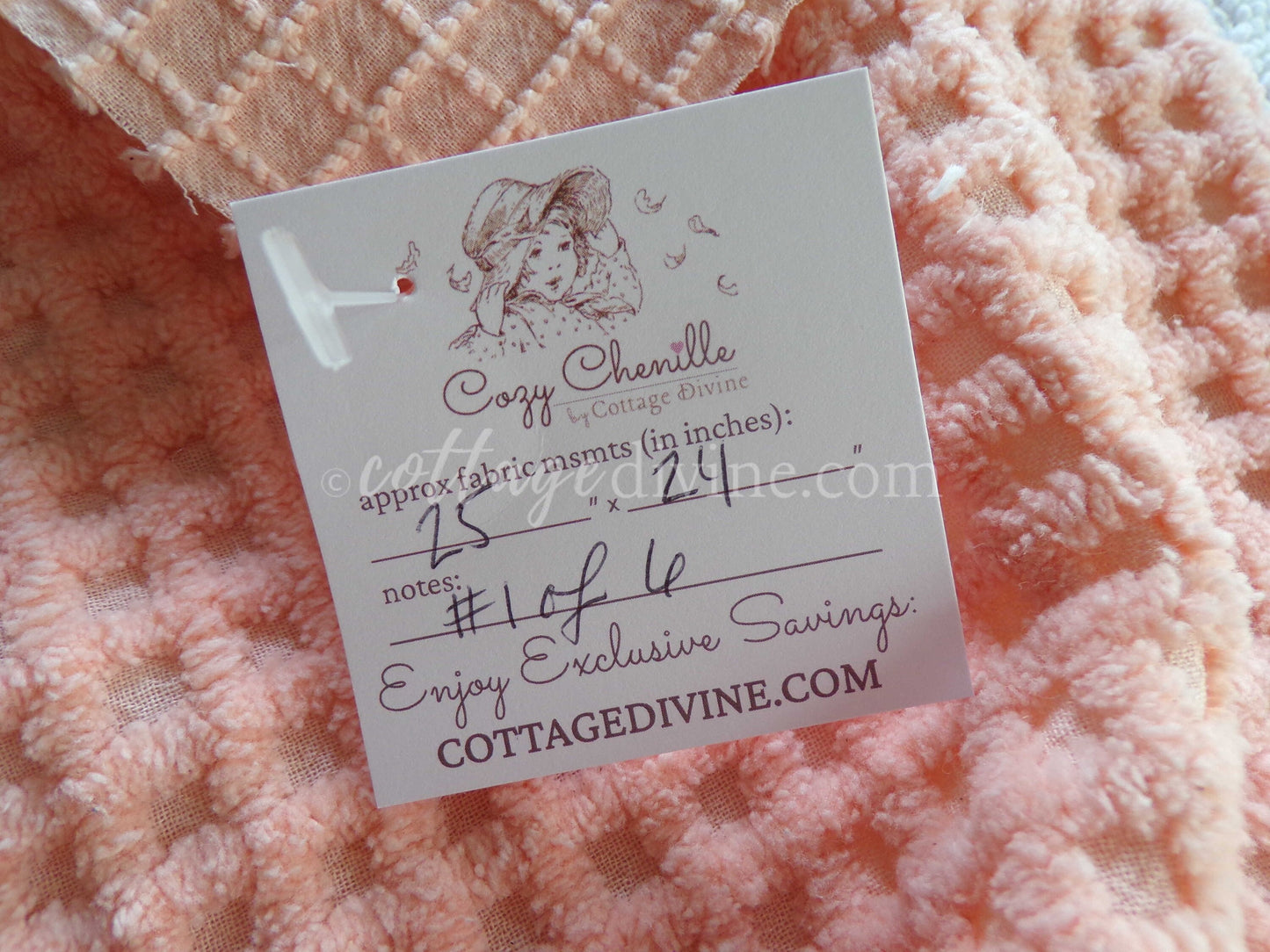 Mini Grid Vintage Chenille Quilt Fabric in Peach Bliss, 24" x 25" Piece, Snuggly Soft Cotton Waffle Tufting