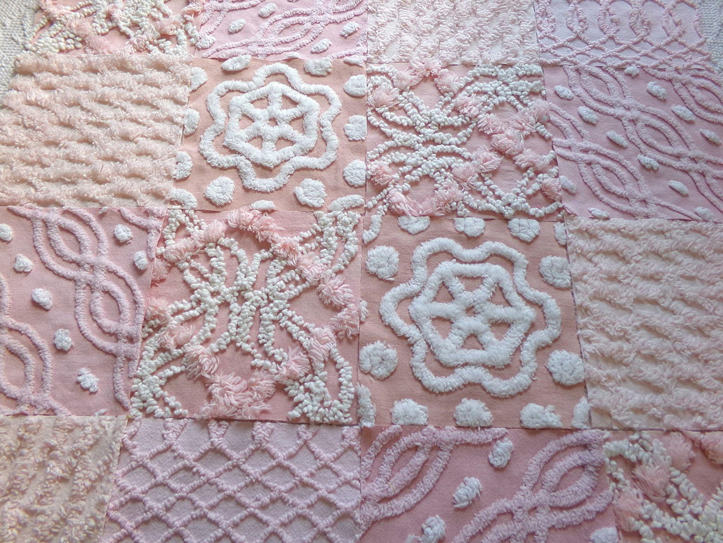 feminine glow vintage 6" chenille squares, set of 16 quilt blocks, rotary cut from pink & peach vintage chenille bedspread fabrics
