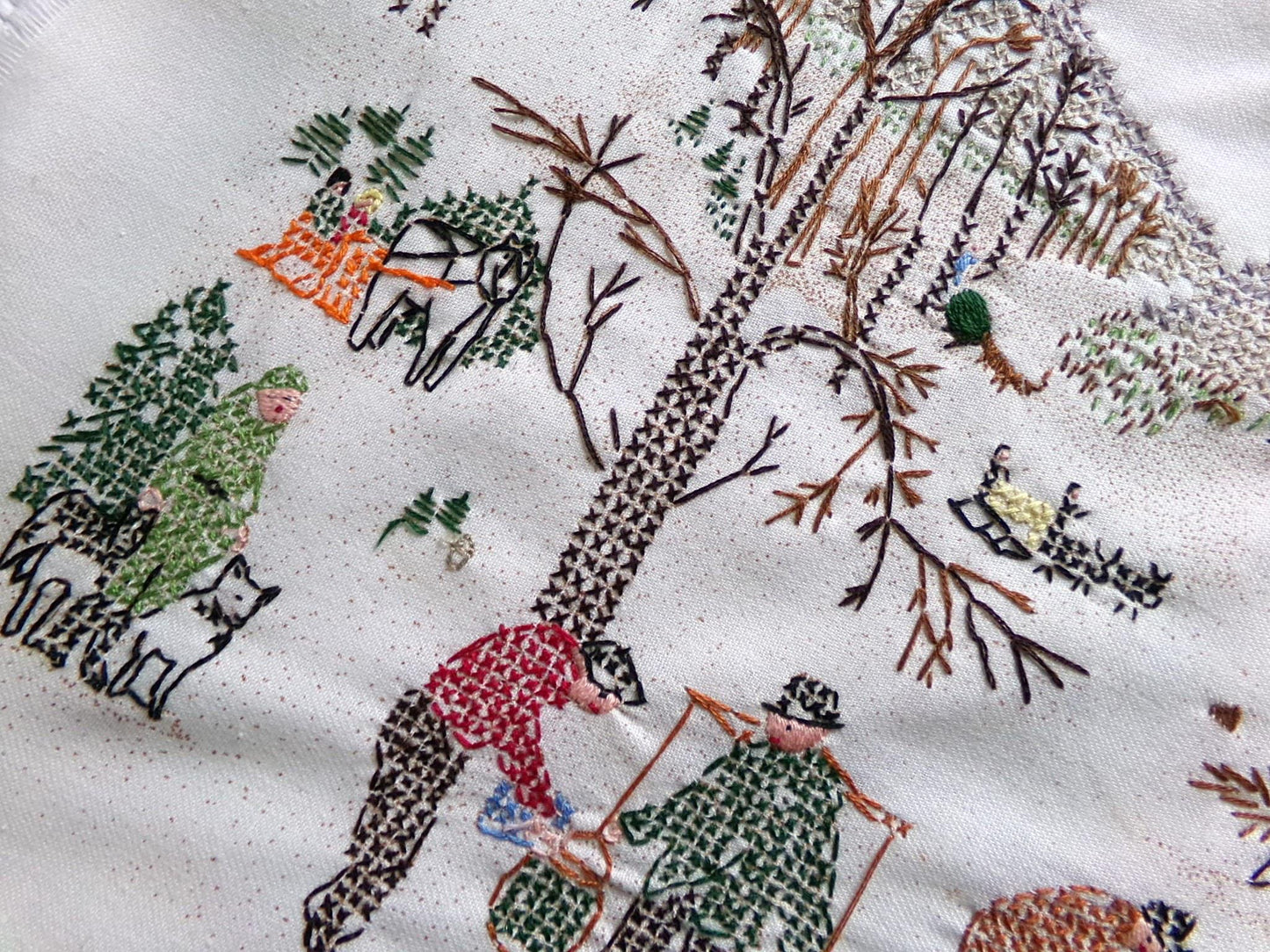 Grandma Moses SUGARING OFF Completed Cross Stitch Embroidery Paragon Stitchery 0210 - Rustic Country Winter Scene