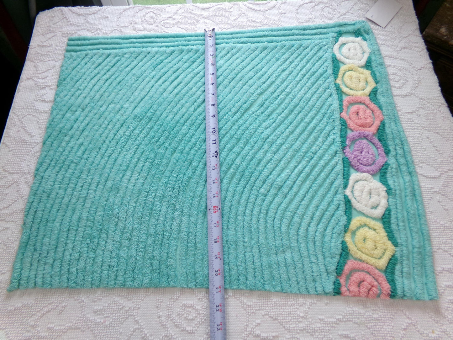 vintage plush aqua chenille fabric, rainbow lollipop roses design, 19" x 24" piece of sewing material