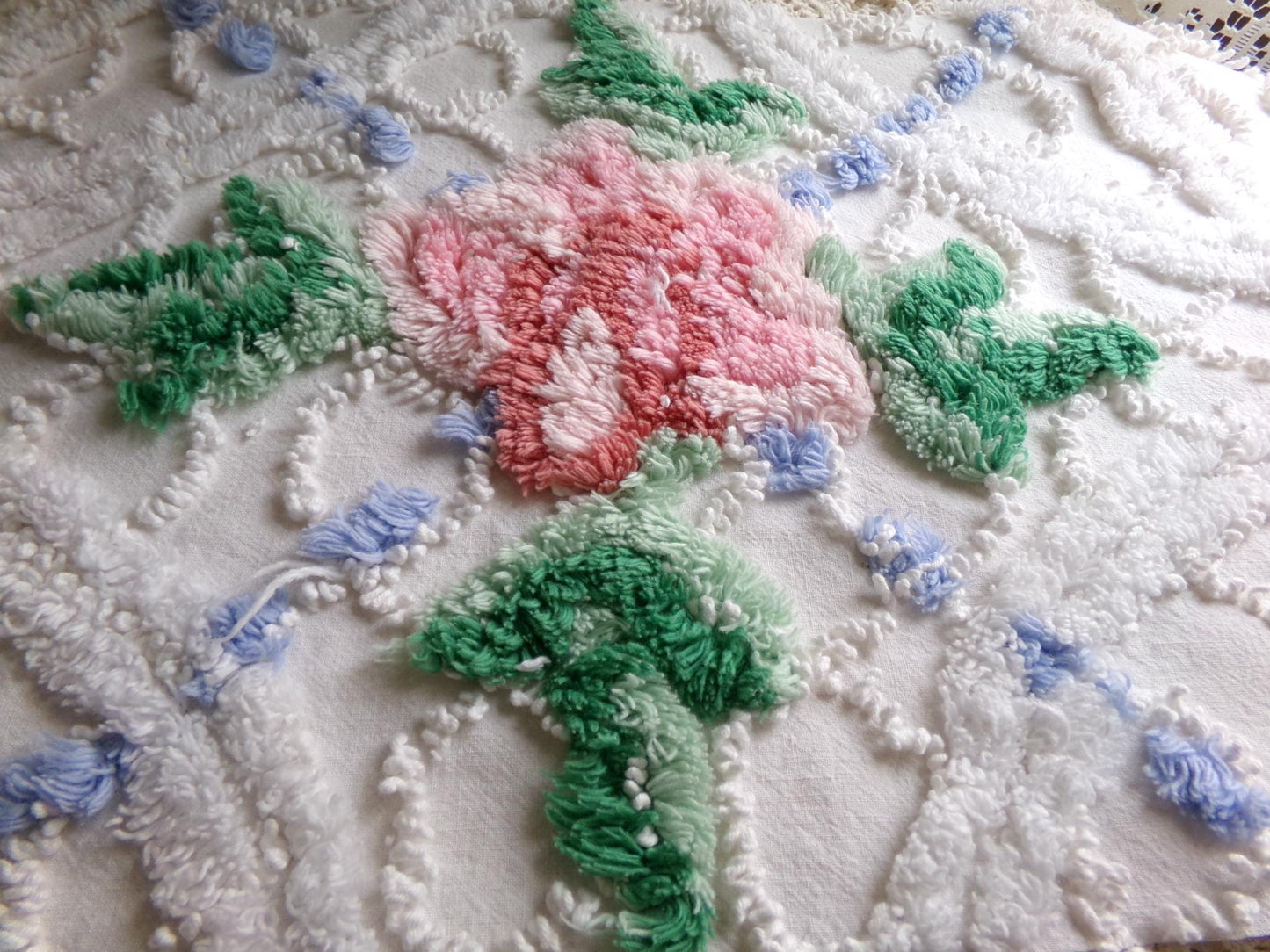 cute plush pink rose fabric piece, vintage tufted chenille cottage style sewing material, 10.5" x 22" inches