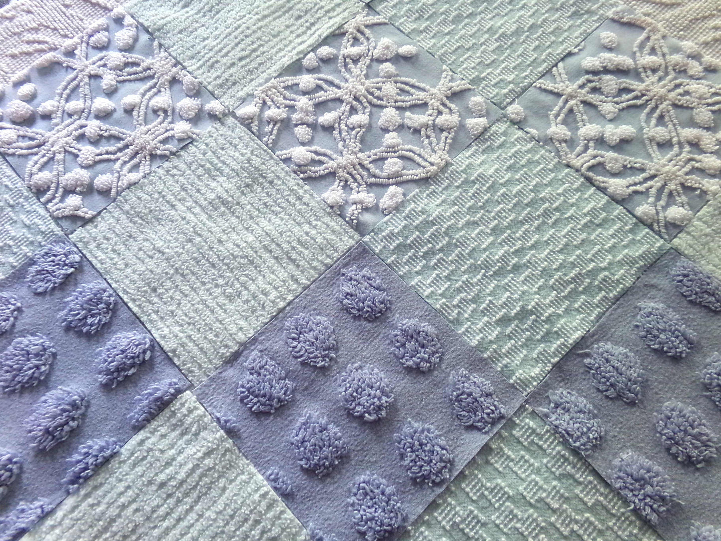 Spa Day Chenille Fabric Squares Set, 16 Vintage Quilt Blocks, 6" inch in Blue, Cool Aqua & White