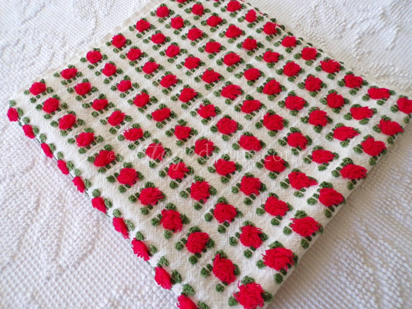 Striking Red Rosebud Vintage Chenille Fabric from Morgan Jones Roses Bedspread, 18" x 24" inch Piece