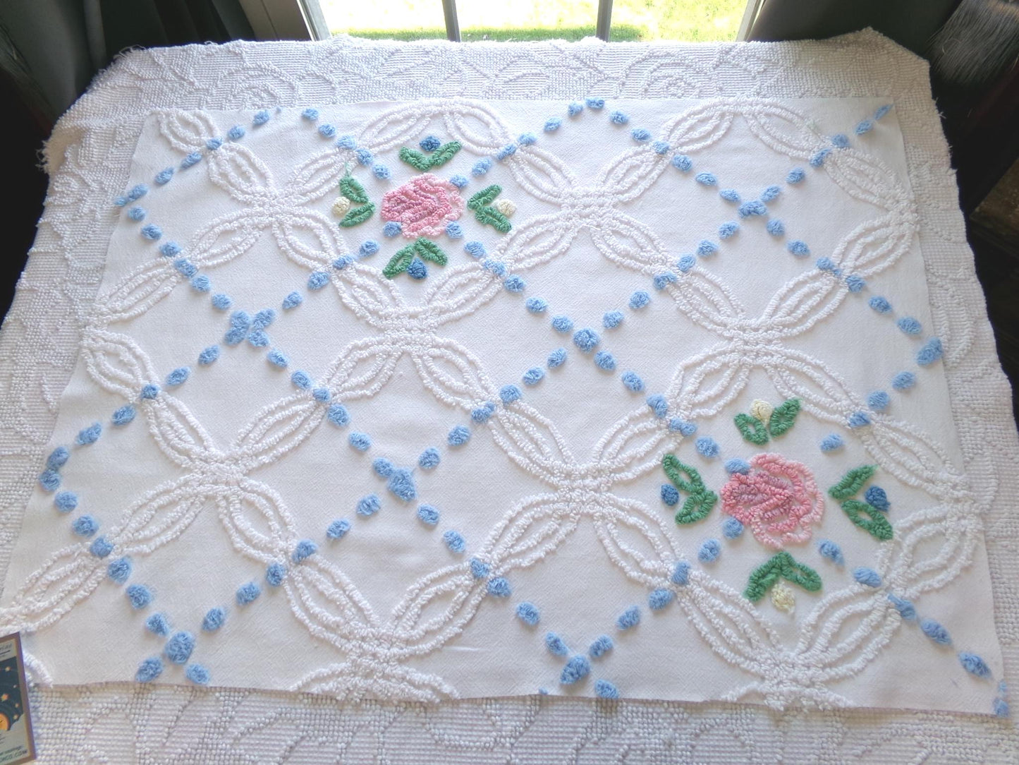 favorite cottage style vintage chenille fabric, pink roses & blue dots, 20" x 27" piece of white sewing material for quilting and crafts