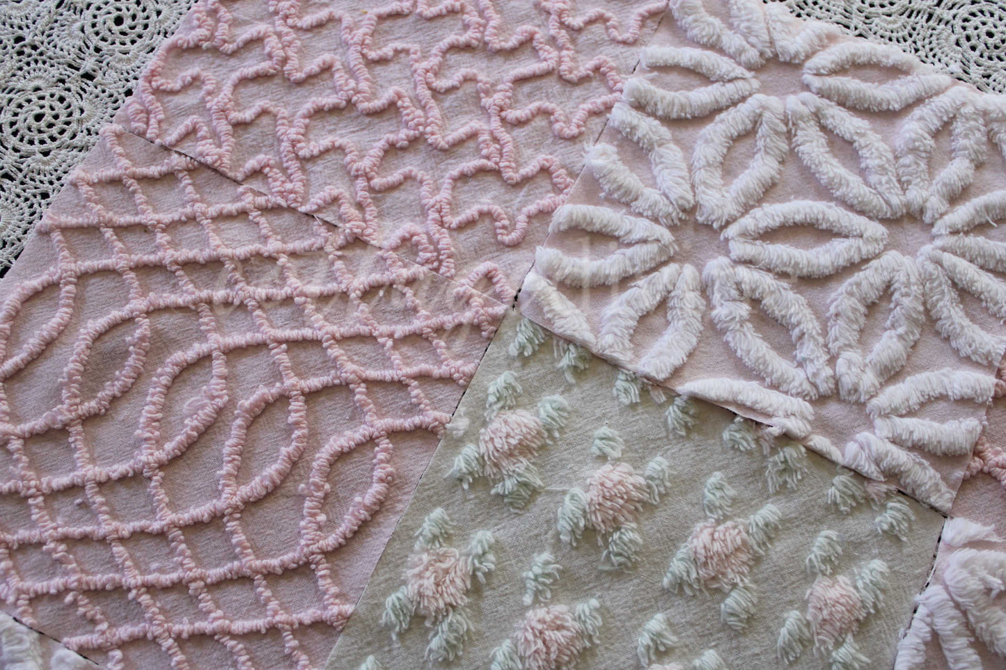 Pink Quilt Squares, Daisy Rosebud Craft Square Set from Vintage Bedspread Fabric, 16 Blocks, 6" x 6" inch
