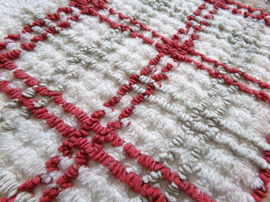Preppy Plaid Vintage Chenille Fabric, Maroon & Grey Needletufting on White Grid, 18" x 23" inch Piece, 100% Cotton