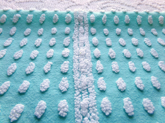 nubby elongated pops vintage chenille fabric, shabby unique 18" x 24" cut piece, white dots on aqua teal lightweight cotton