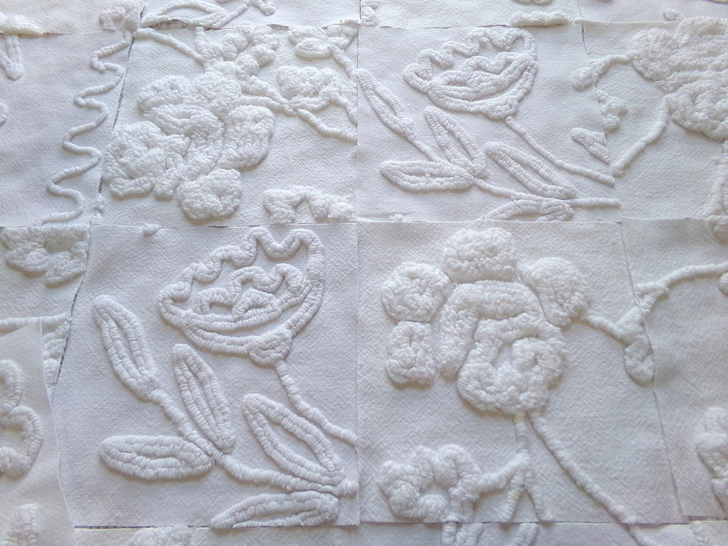 Vintage Chenille Fabric Squares in Rose Lily White Florals from Vintage Bedspread Fabric, Set of 16 Quilt Blocks, 6" x 6" inch