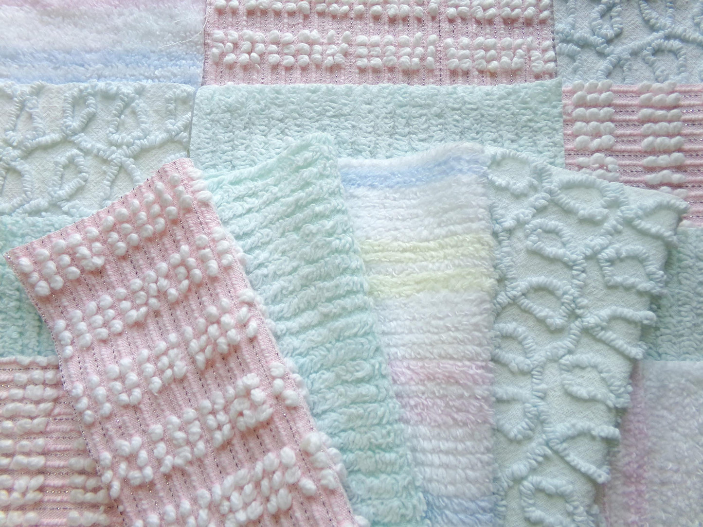 vintage chenille fabric squares, "summer rainbow" set of 16 pastel 6" quilt blocks, gentle geometric patterns, for quilting, crafts & sewing