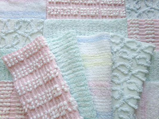 vintage chenille fabric squares, "summer rainbow" set of 16 pastel 6" quilt blocks, gentle geometric patterns, for quilting, crafts & sewing