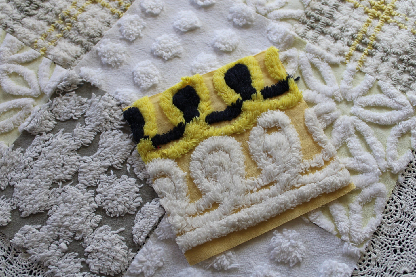 Sun & Clouds Chenille Quilt Squares Set, Rotary Cut from Vintage Chenille Bedspread Fabric, 17 Blocks, 6" x 6" inch each