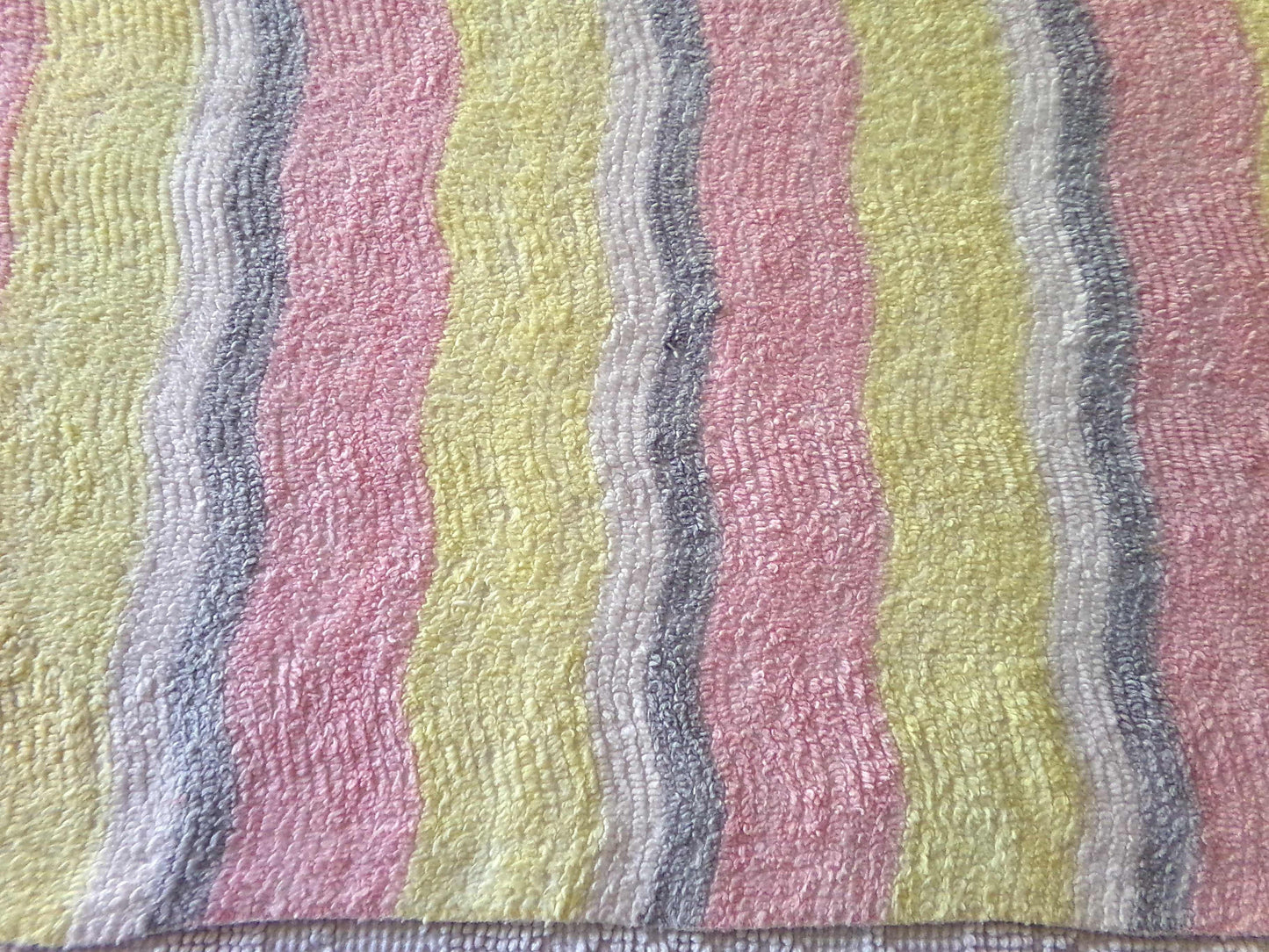 soft cozy striped chenille fabric, vintage 20" x 24" piece of lightweight sewing material in pink, yellow, white & grey ripple stripes