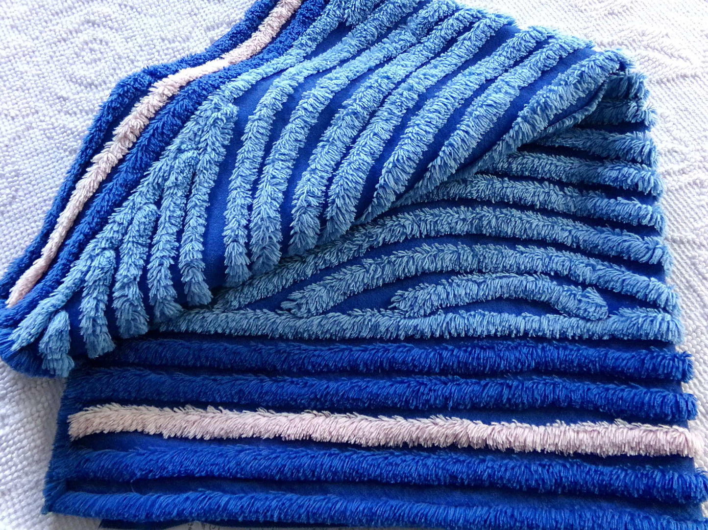 ocean waves chenille fabric, deep velvety mystic blue, 19" x 25" inch piece of vintage sewing material for pillow, quilts, doll blankets