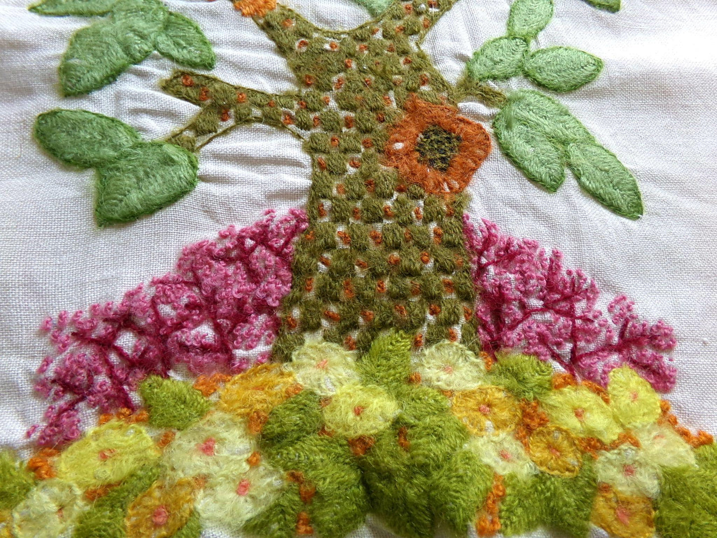 Hippie Fairytale Owl Embroidery Finished 1970s Piece, "Winkin, Blinkin & Nod," Cute Completed Paragon Crewel Stitchery 02236x, 16" x 19"