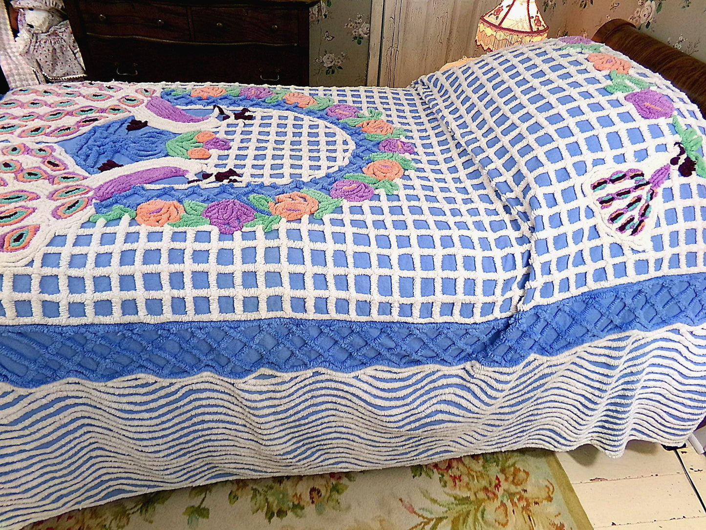peacock vintage chenille bedspread, lovebirds under a sky blue flower garden trellis, luxury midcentury full size bedding