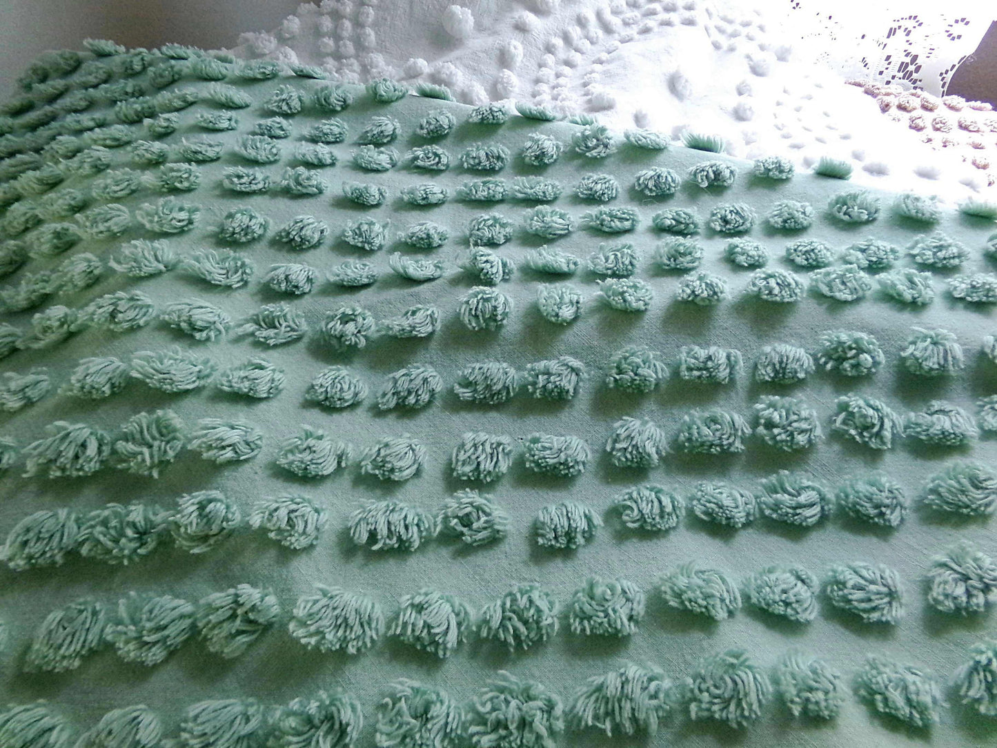 Vintage "Money Tree Green" Chenille Fabric, 20" x 25" inch Piece, Cute Puffy Dots, Great for Handmade Quilts, Crafts