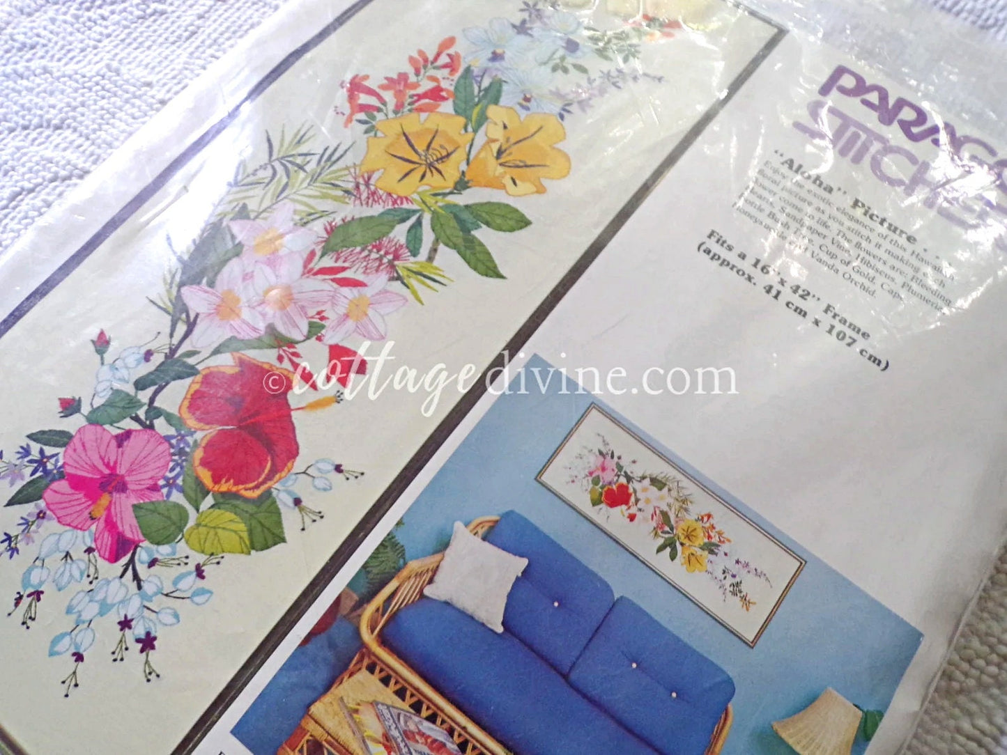 Boho Hawaii ALOHA Crewel Embroidery Kit, Vintage Paragon Stitchery #0101, 16" x 42" Large Tropical Floral Wall Hanging, Georgia Ball Design