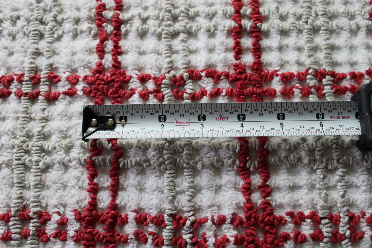 Chic Plaid Vintage Chenille Fabric, Maroon & Grey Needletufting on White Grid, 20" x 24" inch Piece, 100% Cotton