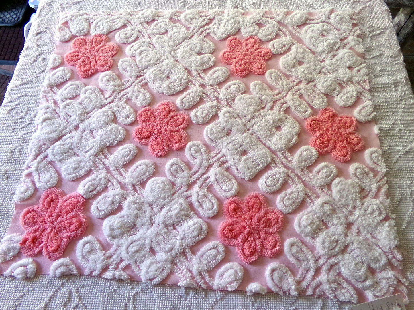 cupcake frosting pink chenille fabric, plush floral curlicue swirls, 22" x 25" inch piece of vintage material for sewing pillows & quilts