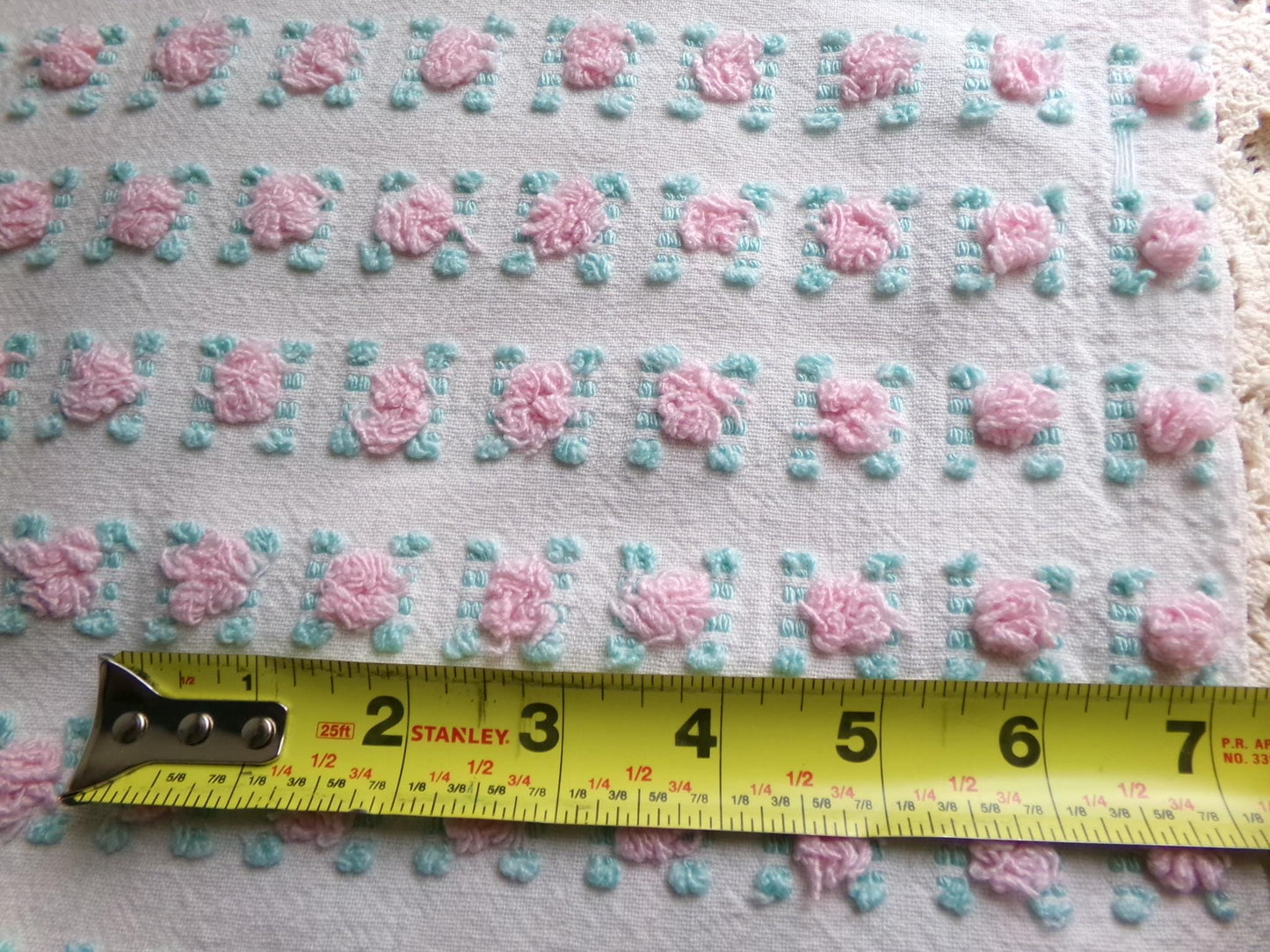 favorite pink rosebud vintage chenille fabric, cottage style sewing & quilt material, 18" x 24" inch piece