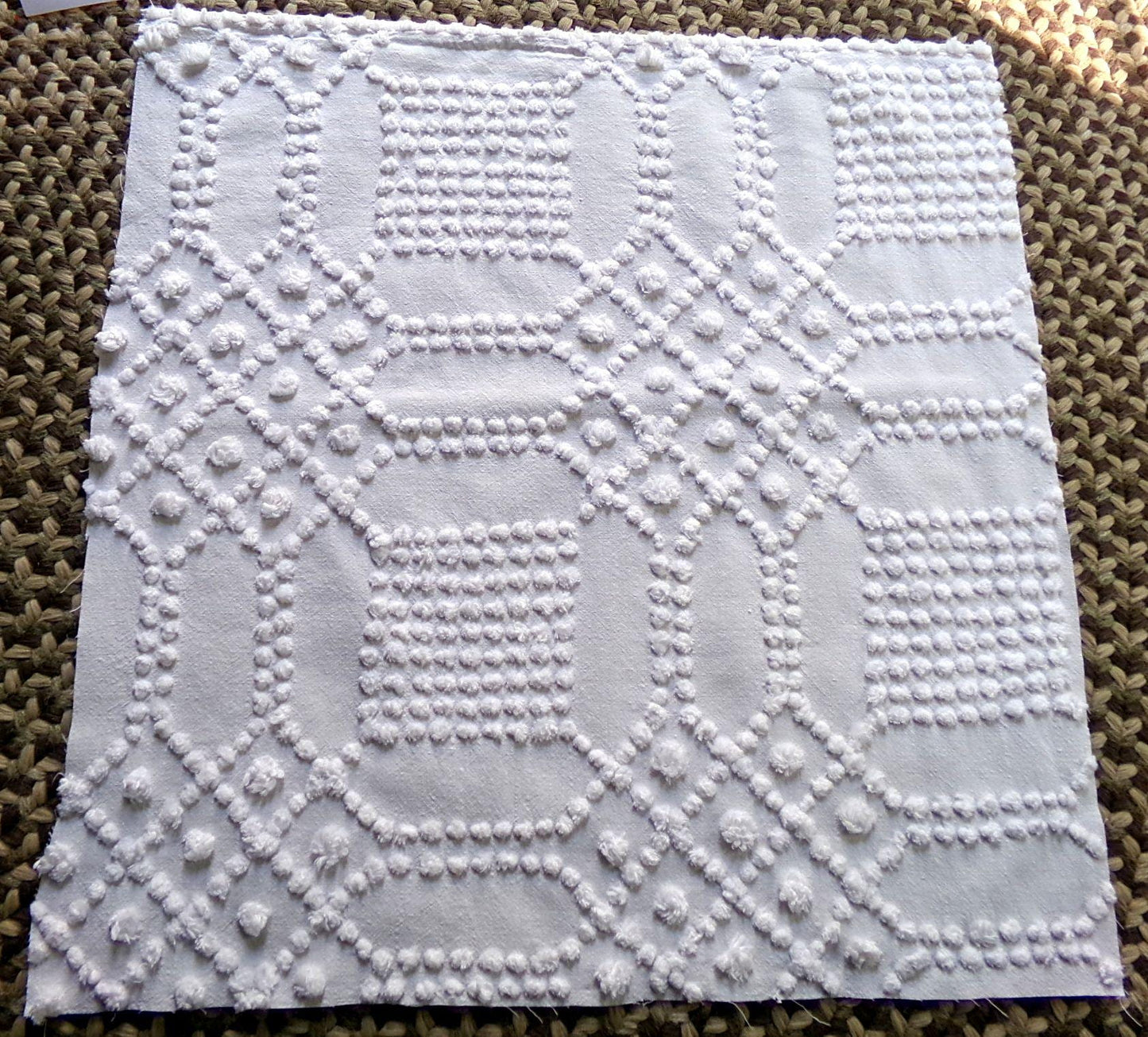 contemporary cosmic white vintage chenille fabric, intricate geometric handtufted sewing material, 22" x 23" piece great for pillows, quilts