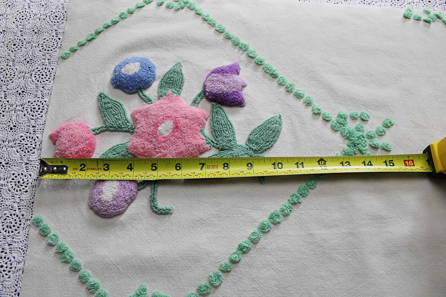 sculpted floral vintage chenille fabric, tulip peony flowers & little green bows, 20" x 25" inch piece of cotton sewing material for pillows