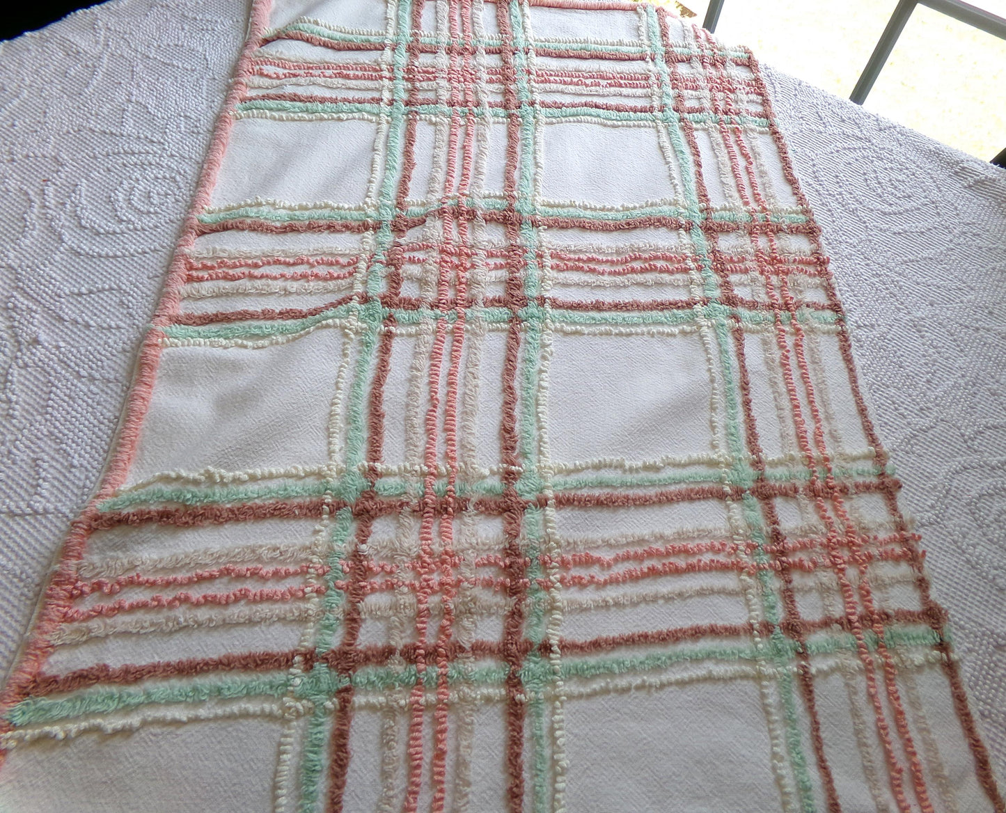 cottage plaid vintage chenille fabric: country style sewing material, 18" x 27" piece