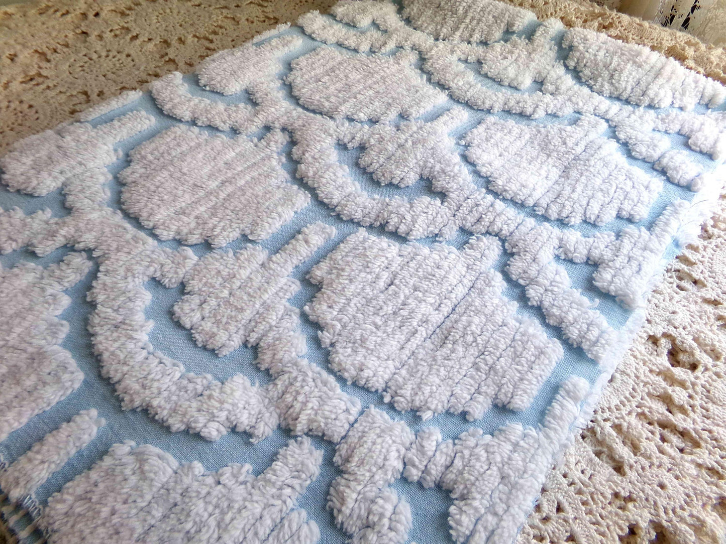 Celestial Sculpted 3D Cloud Blue Vintage Chenille Fabric, 26" x 19" inch piece