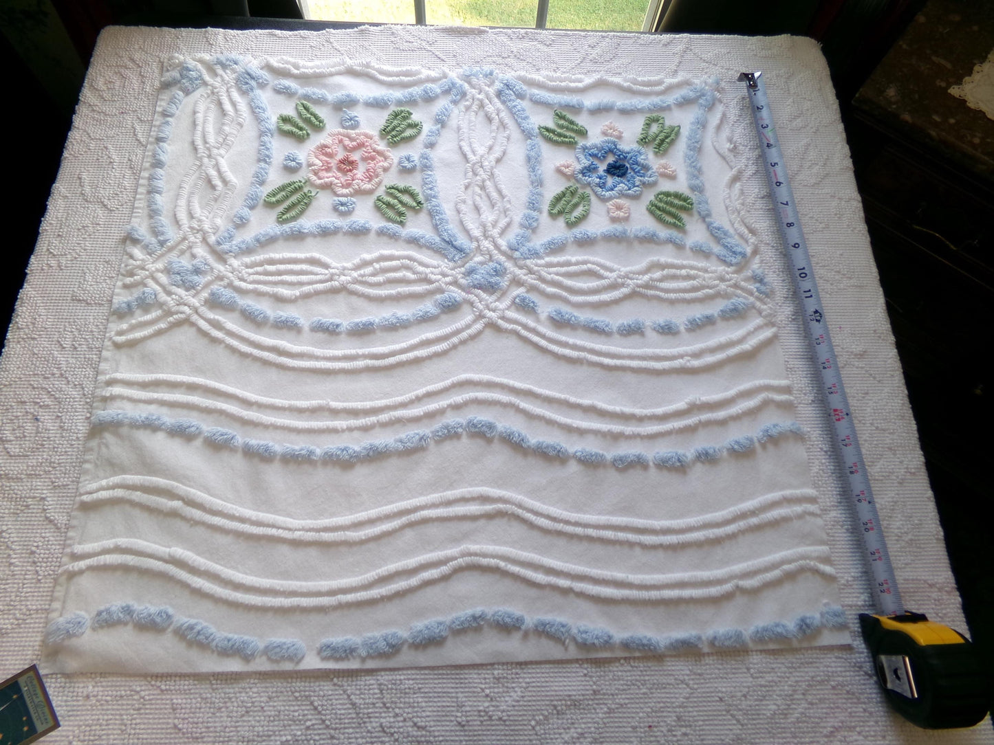 cottage chic vintage chenille fabric: pink & blue floral 24" x 24" cut piece sewing material