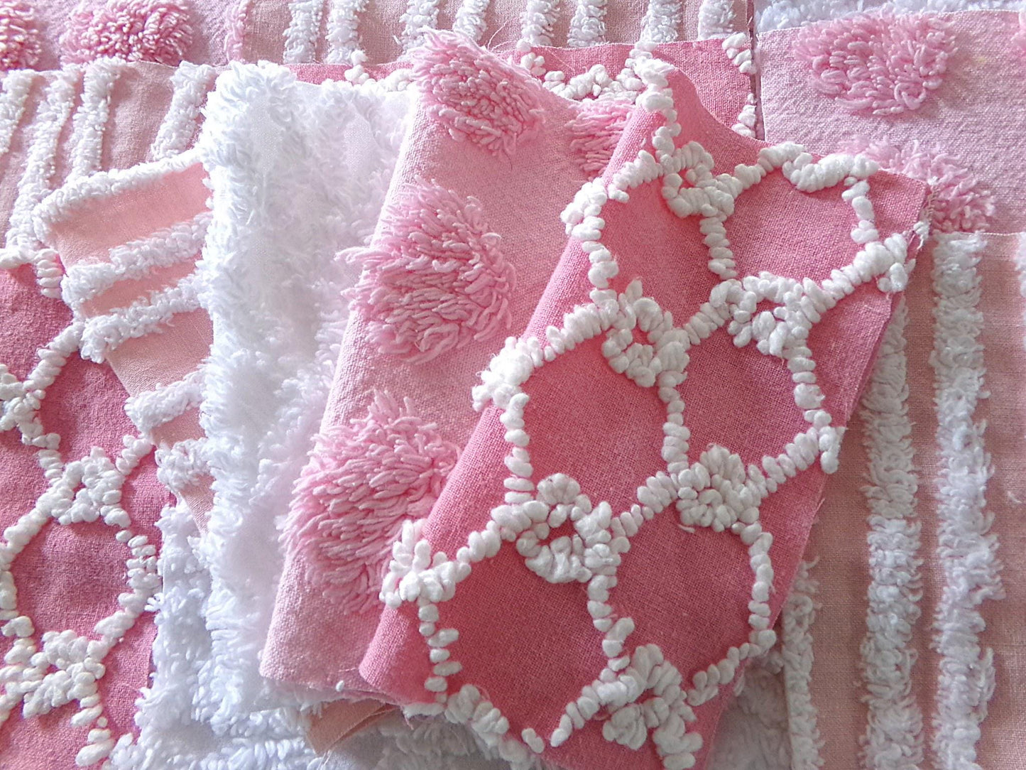 fun pink vintage chenille fabric squares, set of 16 quilt blocks, 6" x 6" inch, textured material ideal for rag quilts & patchwork pillows