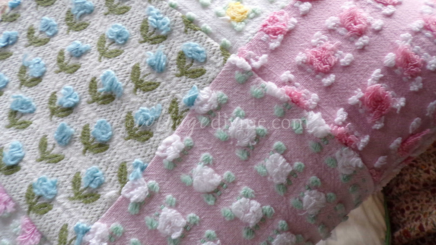 PATCHWORK Roses Floral Chenille Pillow Cover 16" x 16" inch Square, REVERSIBLE Accent Pillow Designed from Vintage Chenille Bedspread Fabric