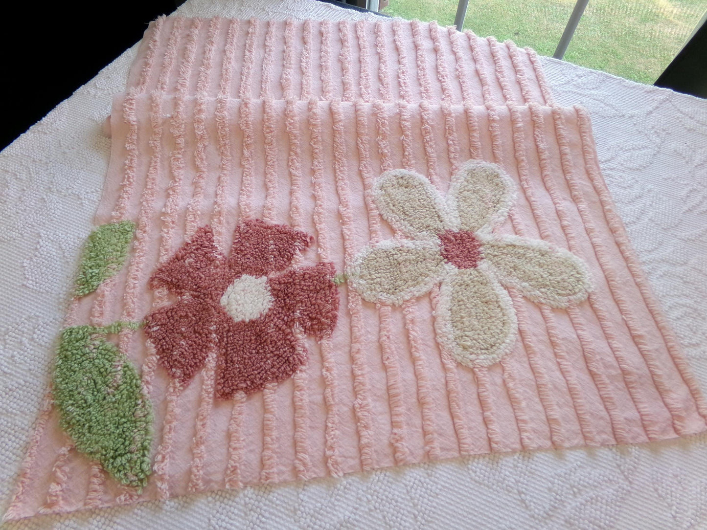 Love Pink Floral Vintage Chenille Fabric, Simple Climbing Daisy Flower Design, 28" x 20" Piece of Cotton Sewing Material for pillows, quilts