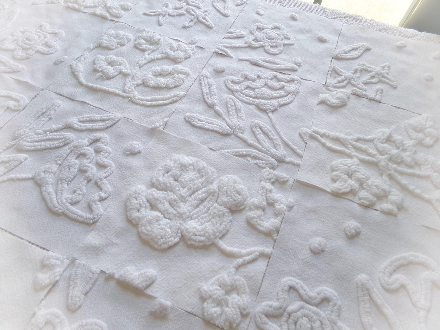 Vintage Chenille Fabric Squares in Winter Garden White Florals from Vintage Bedspread Fabric, Set of 16 Quilt Blocks, 6" x 6" inch