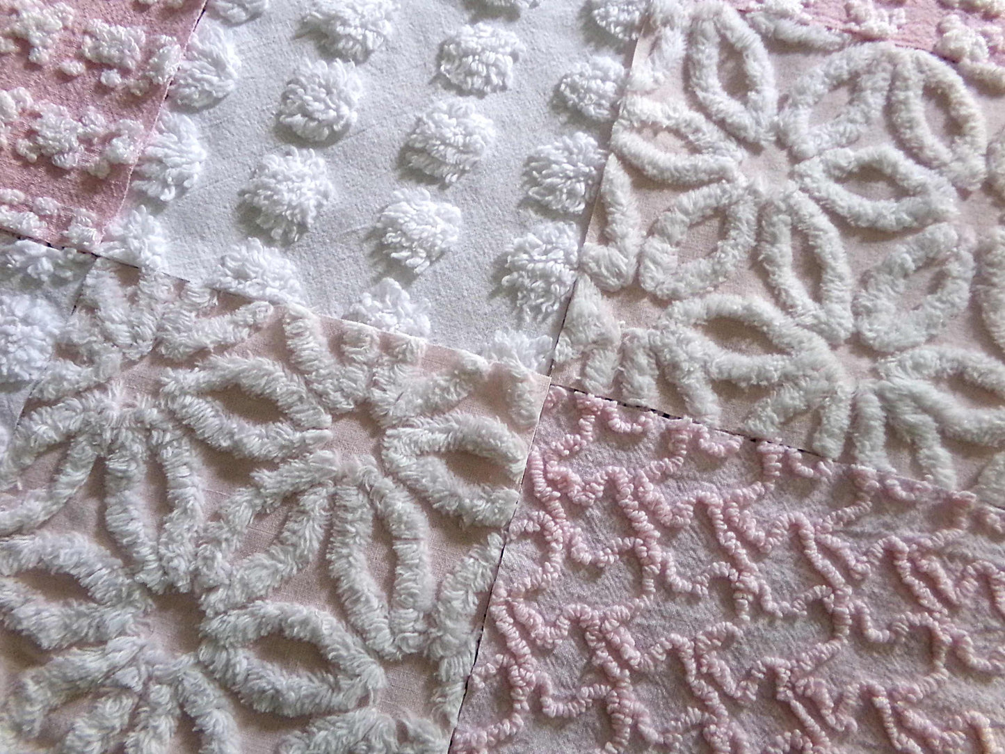 Whispertone Pink Quilt Squares Set from Vintage Chenille Bedspread Fabric, 16 Blocks, 6" x 6" inch