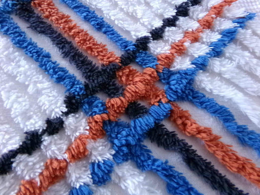 Vintage Chenille Fabric in a Unique Geometric Design, 28" x 15.5" inches, Masculine Black, Rust & Blue on White Cotton