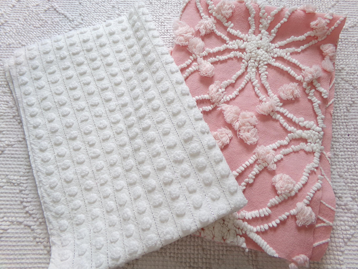 Vintage Chenille Fabric Bundle in Pink & White, 2 Pieces 12" x 18" each | Great Stash Builder for Fiber Arts, Crafting