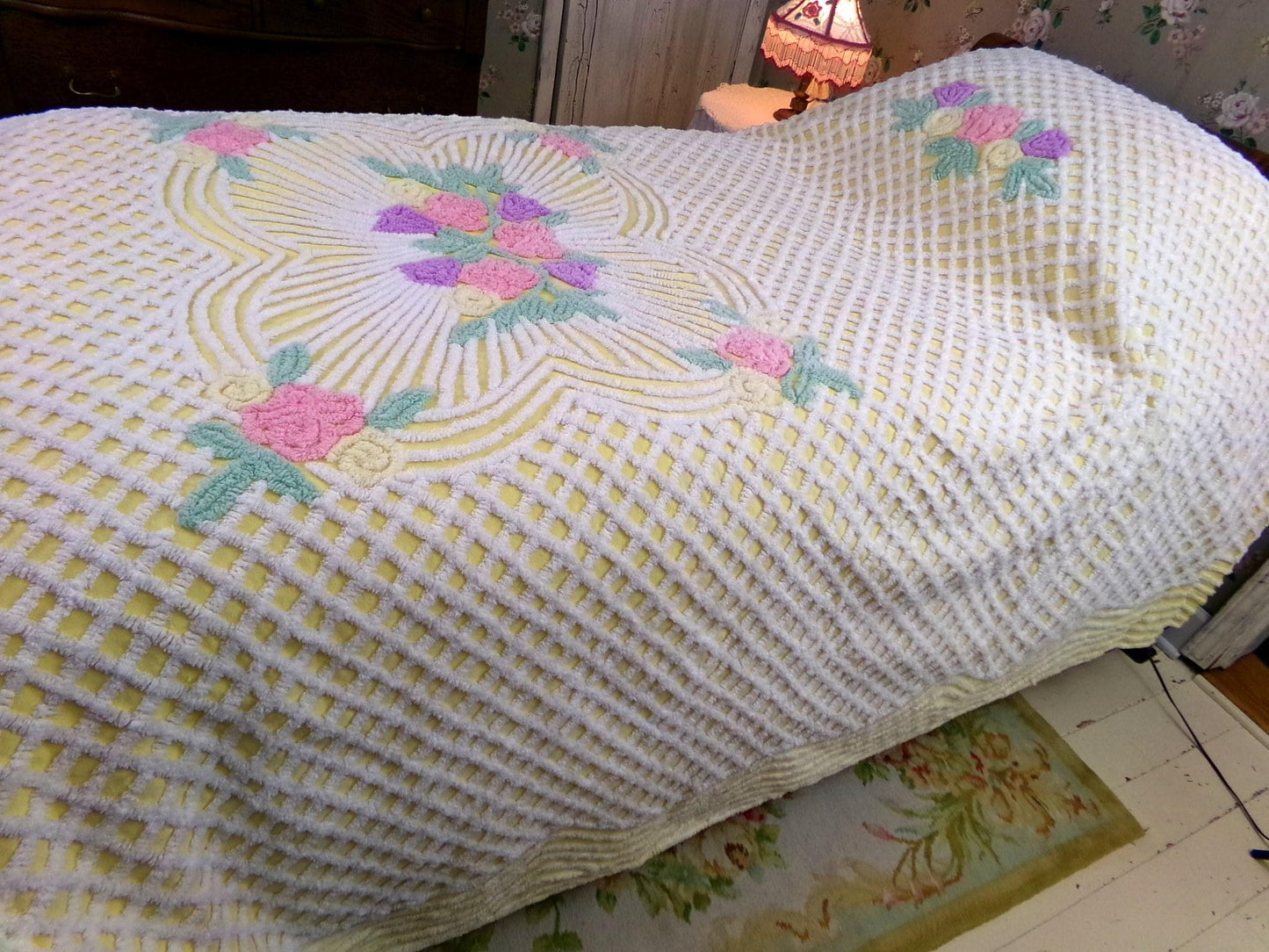just joyful vintage chenille bedspread in cheery yellow with springtime flowers, full size bedding, 100% quality cotton