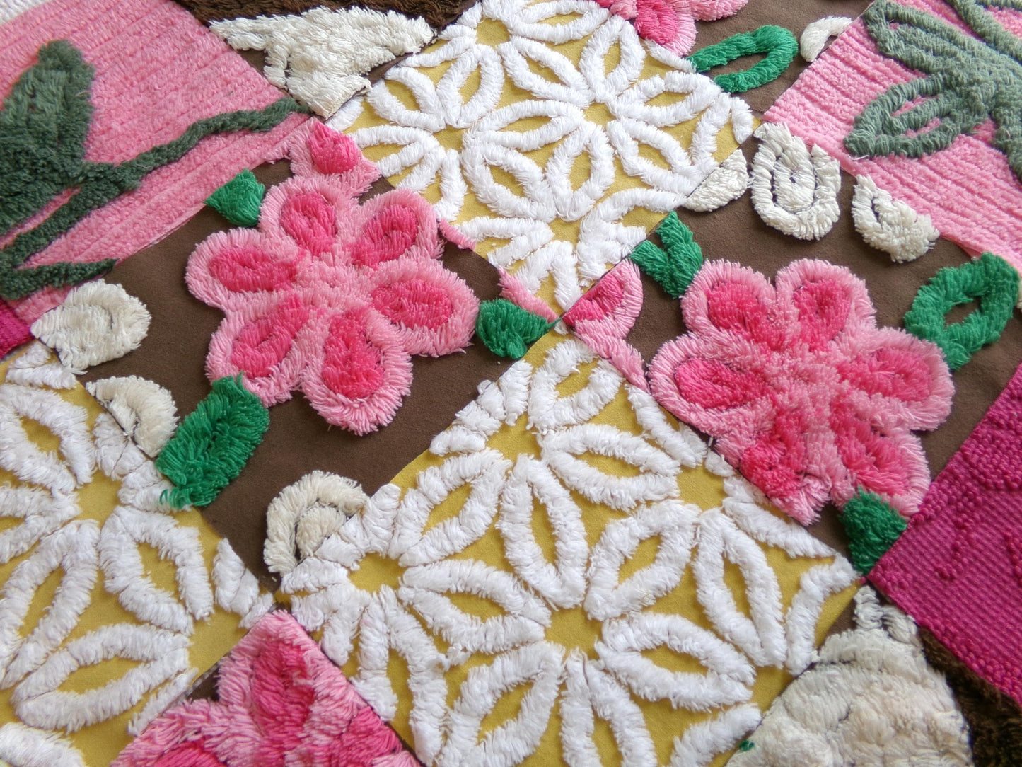 vintage chenille fabric squares, "fairy trail" set of 16 chocolate & pink 6" quilt blocks for quilting, crafts, sewing