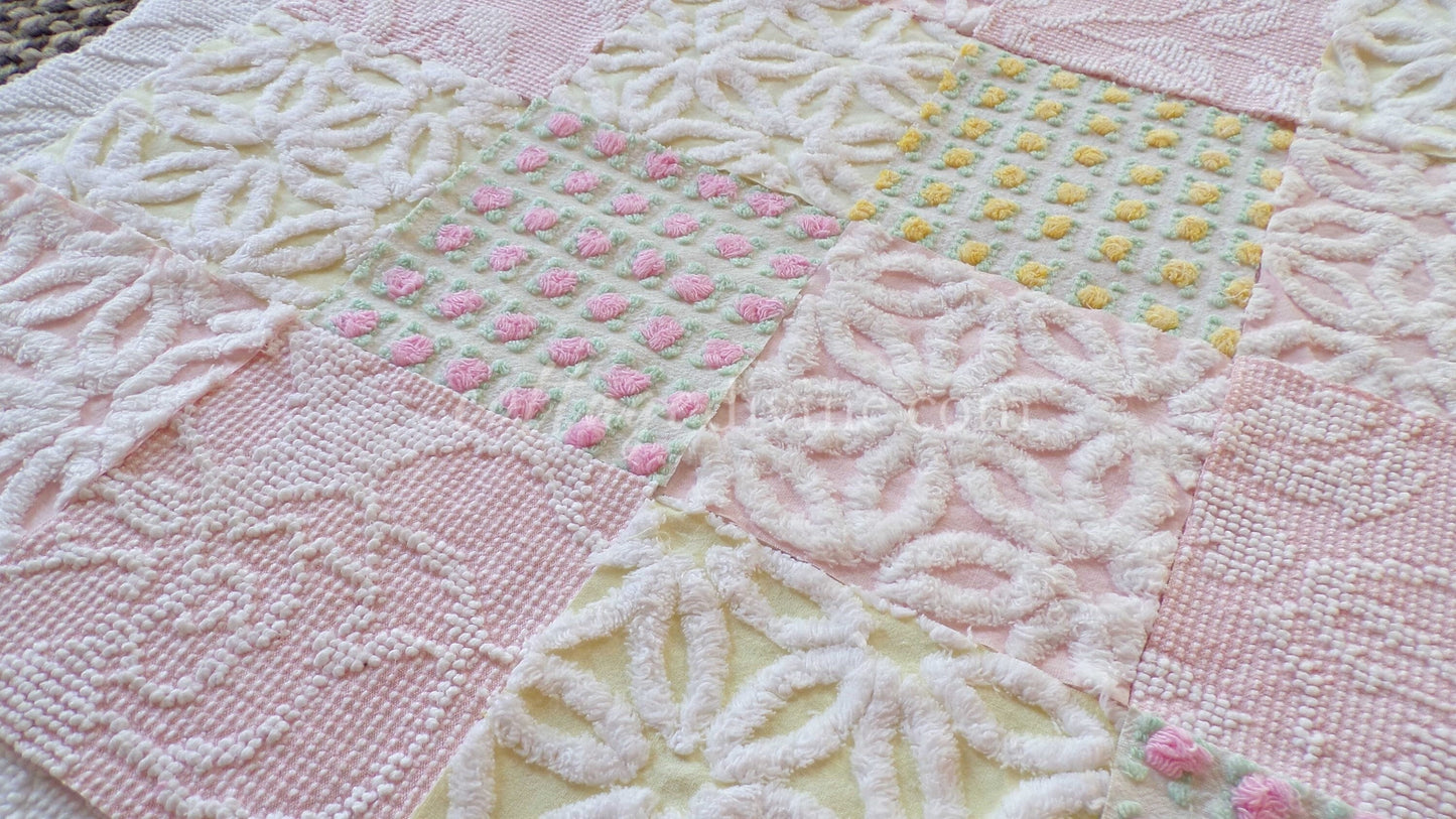 Chenille Fabric Squares Set, "Spring is in the Air", from Vintage Bedspread Fabrics, 16 Quilt Blocks, 6" inch, Cottage Pink, Yellow & White