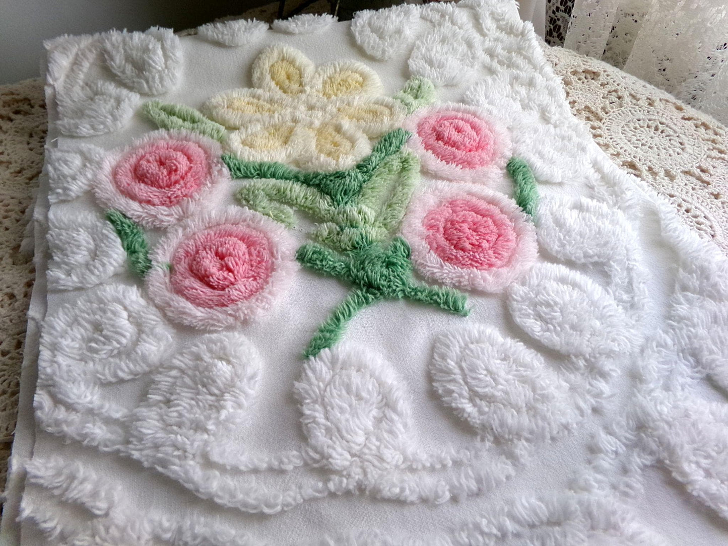 sculpted wedding cake vintage chenille fabric, lovely bridal white curlicues & rosette florals, 19" x 27" inch piece cotton sewing material