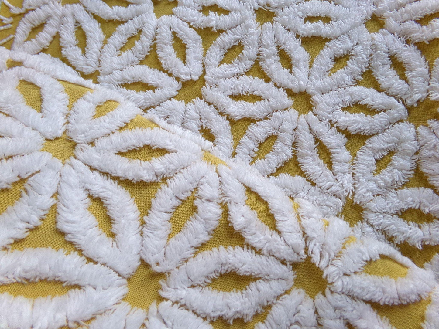 boho style vintage chenille fabric, white daisy on harvest gold, 20" x 24" inch piece of cotton sewing material for quilting & crafts