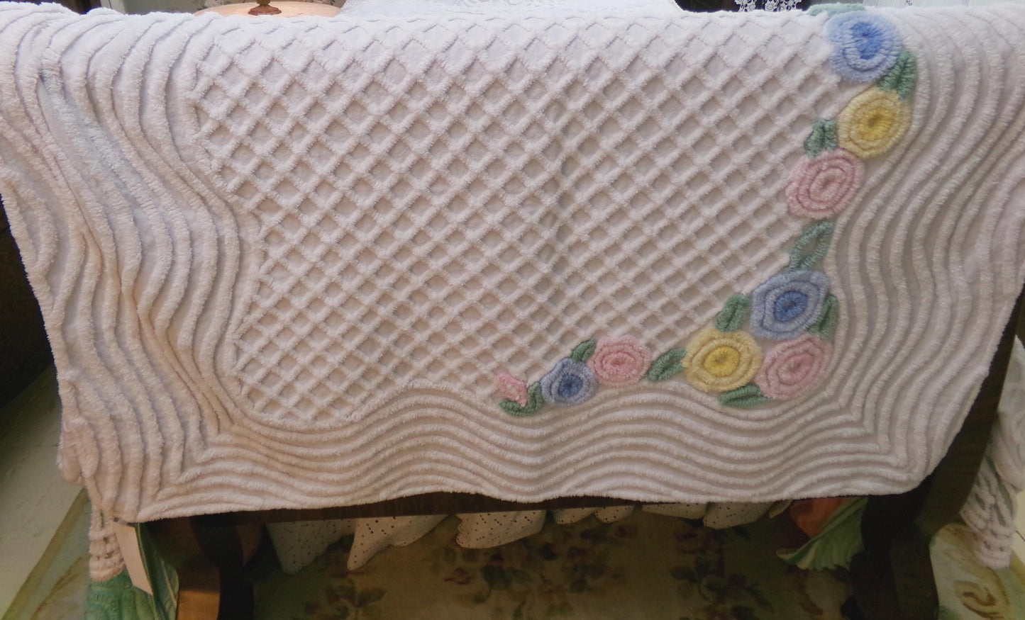 cozy vintage chenille lap blanket in simple cottage florals on white cotton, great porch throw, layering piece, small coverlet, 40"W x 57"L