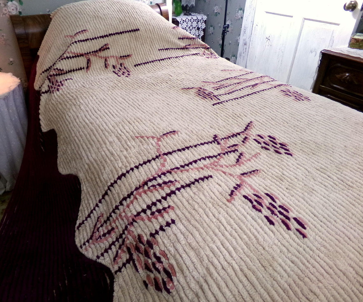 Shabby Cattails Vintage Chenille Bedspread in Art Deco Design, Honey Beige & Wine Twin Size Antique Bedding, #2