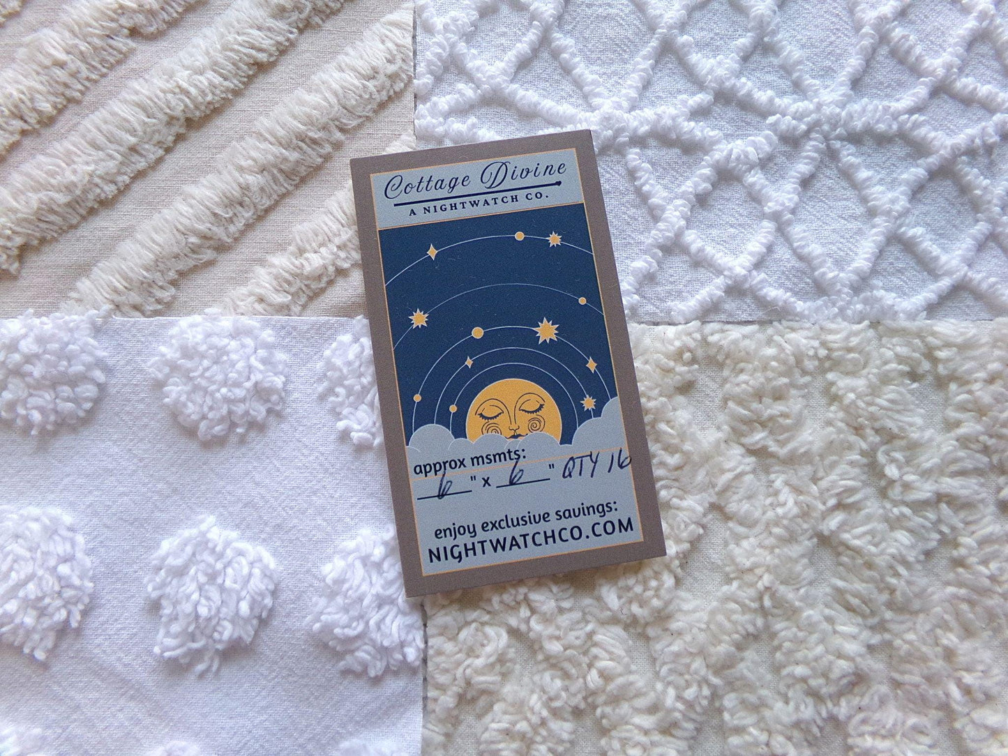 chic neutral chenille fabric squares, set of 16 vintage tan & white quilt blocks 6" ea, coin dot, geometric, infinity, for crafts, quilting
