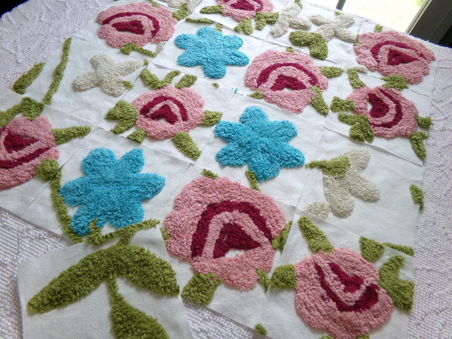 flower petals chenille fabric squares, set of 17 vintage style floral 6" craft blocks, pretty designs for quilt inlays, pillows, fiber arts