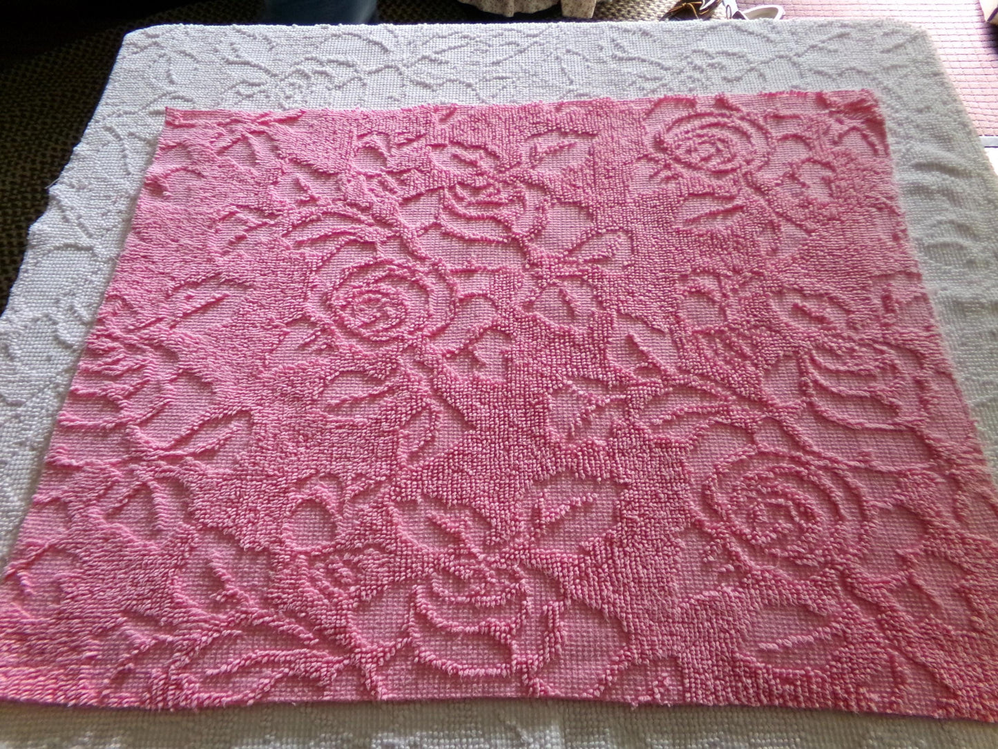 Romantic Pink Rose Dot Vintage Fabric, Reversible Chenille Woven Hobnail Design, 19" x 25" inches,