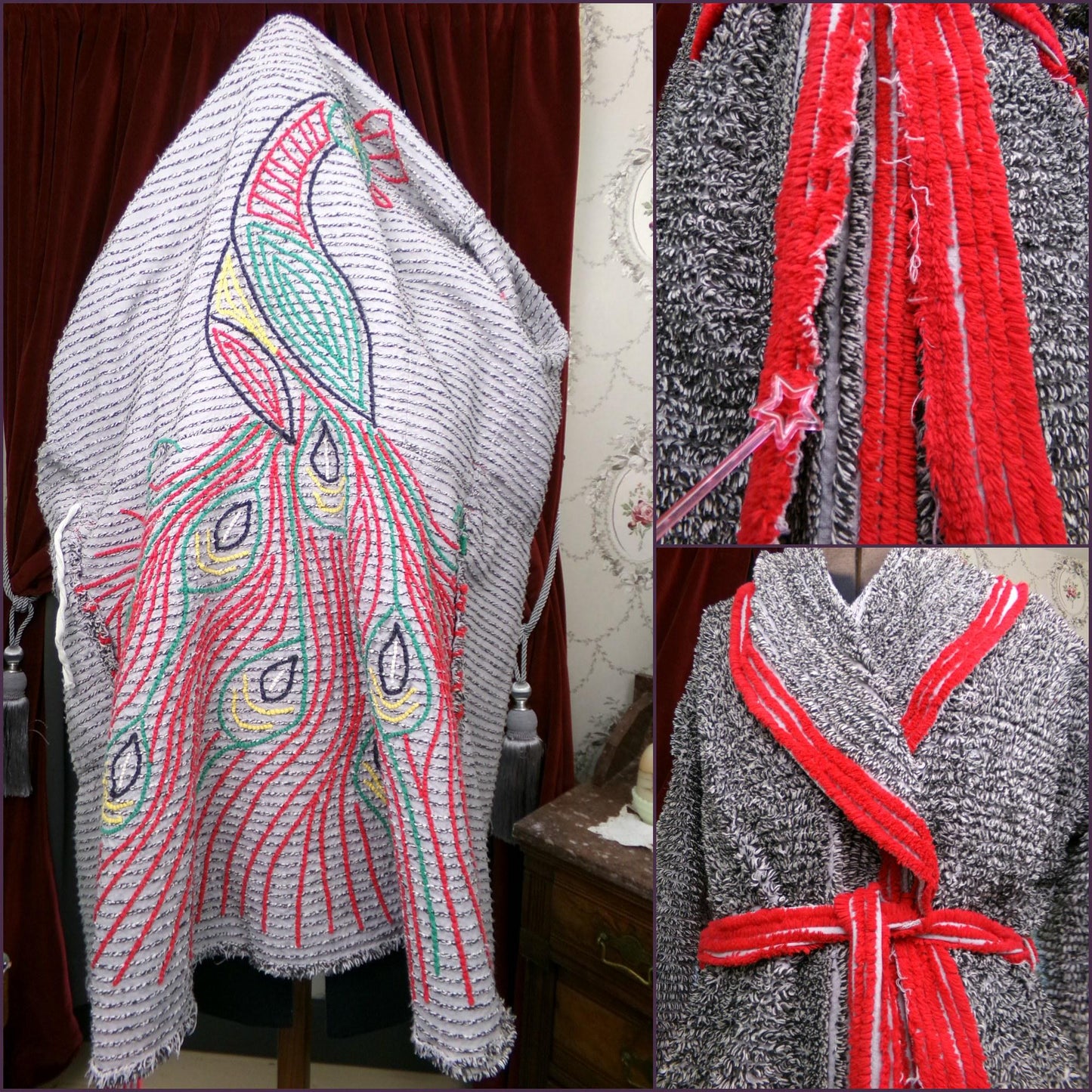 Vintage Chenille Peacock Robe, Short Length Bathrobe or Coverup, Salt 'n Pepper Black & White w/ Red Accents, Handmade